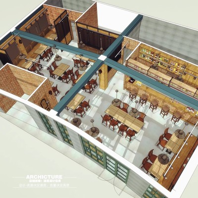 美式工业风红砖墙咖啡厅咖啡馆餐饮空间西餐厅酒吧室内 su模型