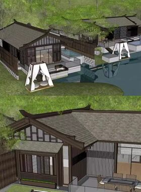 禅意集新中式山地亲水度假村民宿客栈温泉酒店建筑规划设计su模型