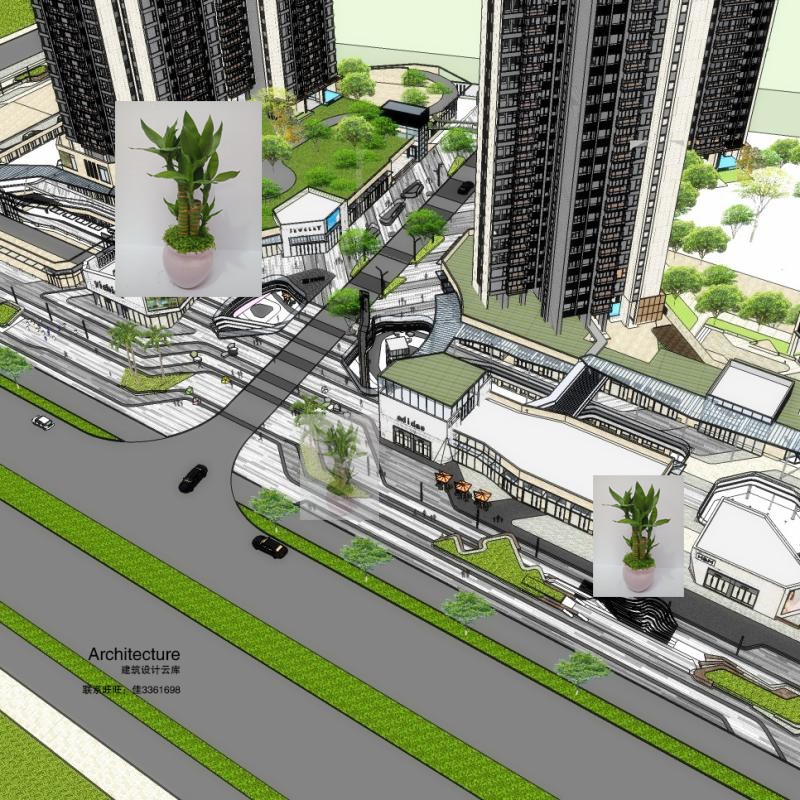 住宅小区折线商业内街座椅花池无障碍坡道标识牌入口大台阶su模型