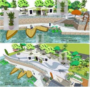 亲水滨水沿湖公园小游园广场景墙雕塑观景平台景观曲线铺地su模型