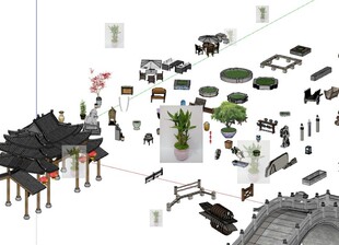 su石头驳岸护坡太湖石牌坊木船栈桥廊架长廊亭古代建筑景观su模型