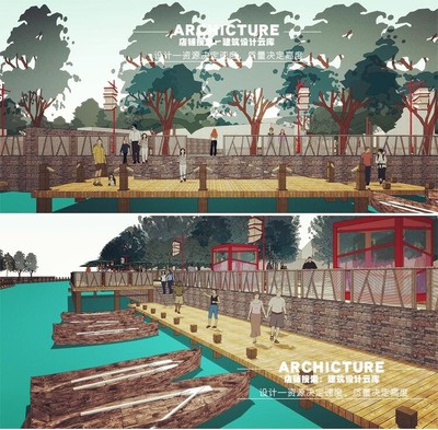 现代滨水游船码头木亲水平台木船沿河景观道路公园规划设计su模型