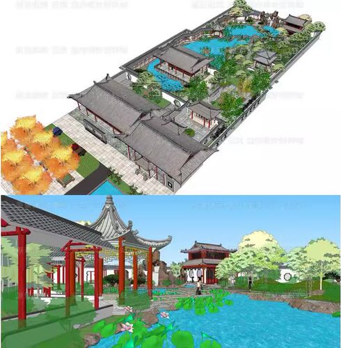 古典中式皇家园林风格庭院亭廊水榭水上石栈道栈桥草图大师SU模型