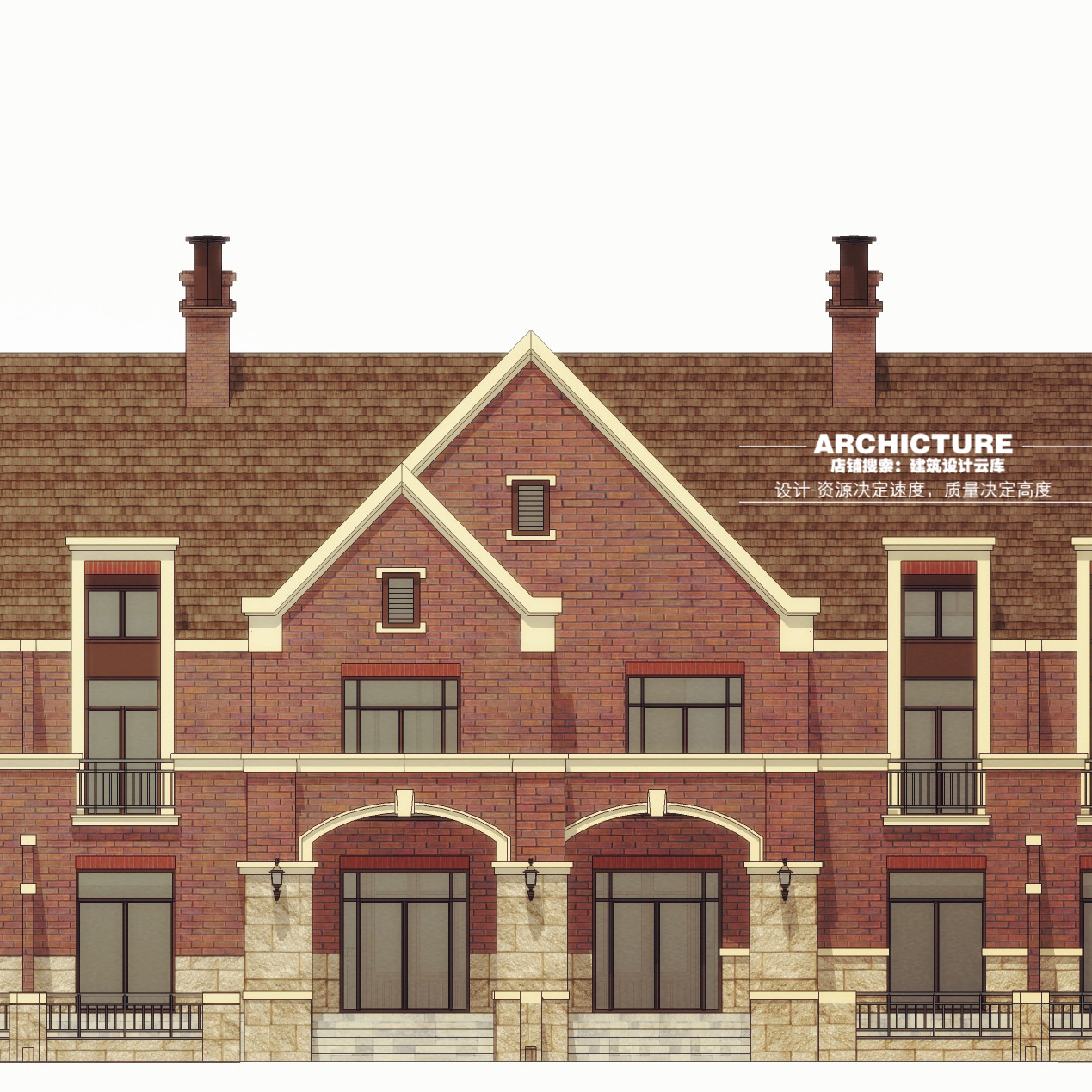 su素材现代英式乡村风情红砖六联排别墅洋房住宅坡屋顶建筑su模型