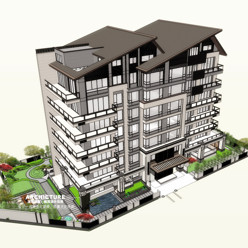 禅意新中式小高层别墅住宅花园景墙水景池折面屋顶建筑庭院su模型