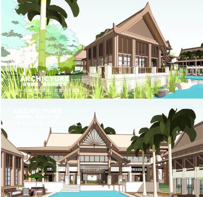 su素材现代东南亚风格异域风情滨水度假村民宿酒店坡屋顶su模型