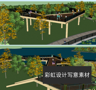 SU模型观景瞭望平台亲水平台 观景平台建筑园建小品sketchup模型