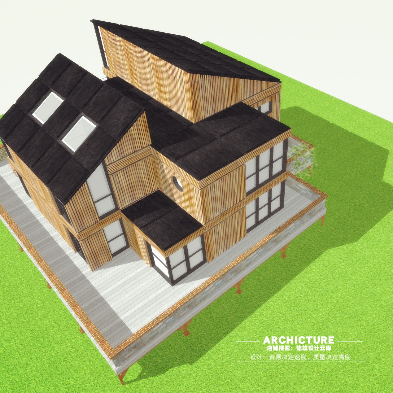 su素材现代木结构三层小住宅单度假别墅坡屋顶民宿建筑su模型