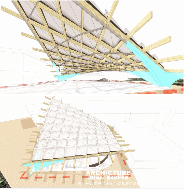 现代国外/韵律创意曲面异形/玻璃木结构遮阳雨棚/屋面构架/su模型