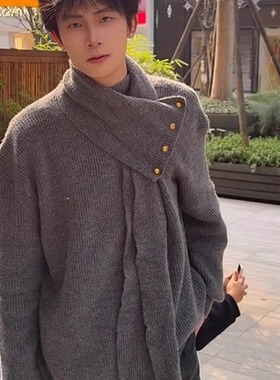围巾高领设计感白色毛衣男冬新中式复古慵懒风针织衫cleanfit外套