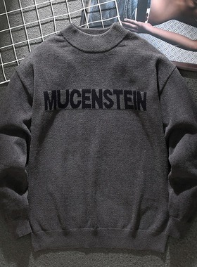 提花粗美式灰色字母印花针织衫秋冬季潮流宽松大码圆领套头毛衣