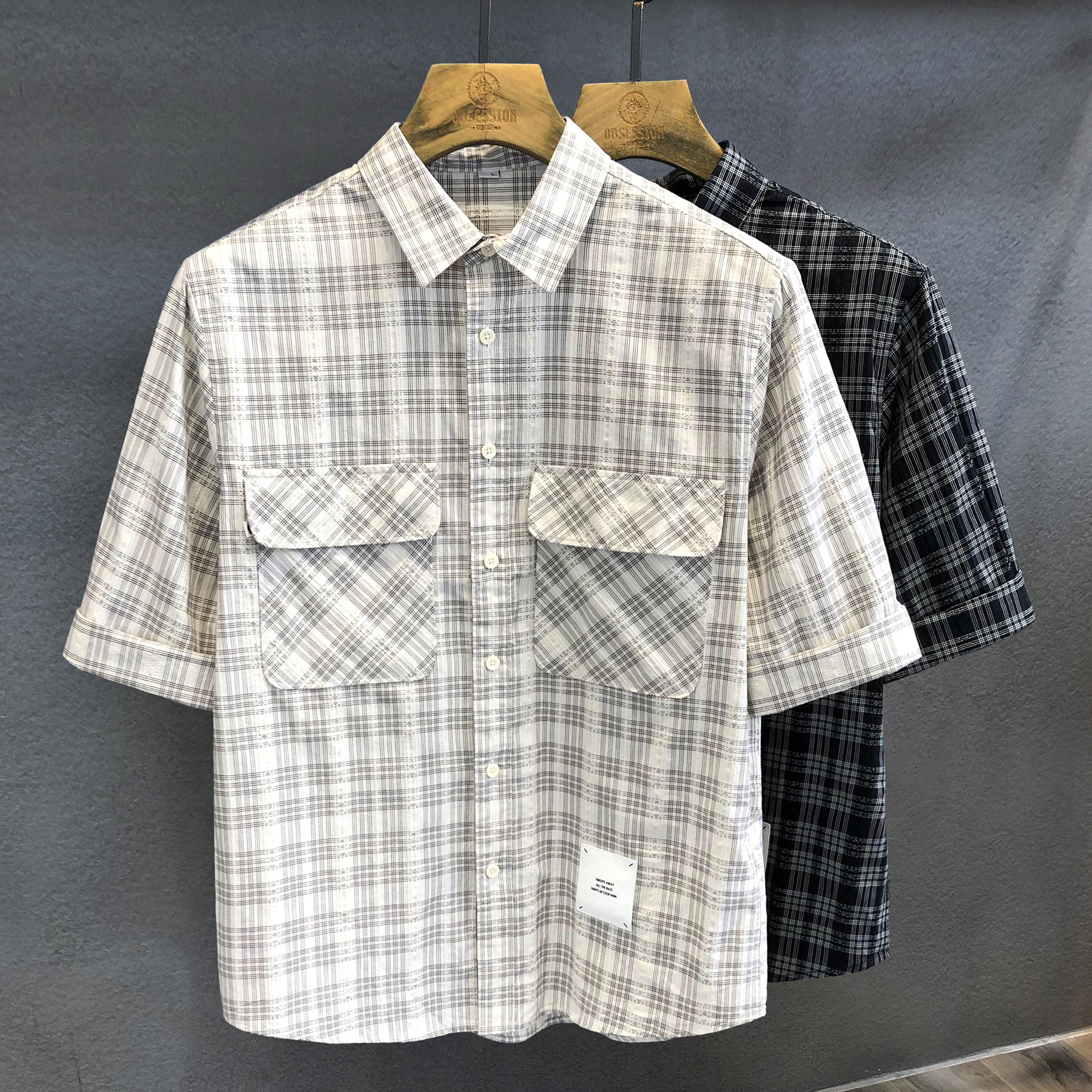 陆家嘴高货精梳纯棉格子短袖衬衫男士夏季宽松休闲衬衣男装七分袖