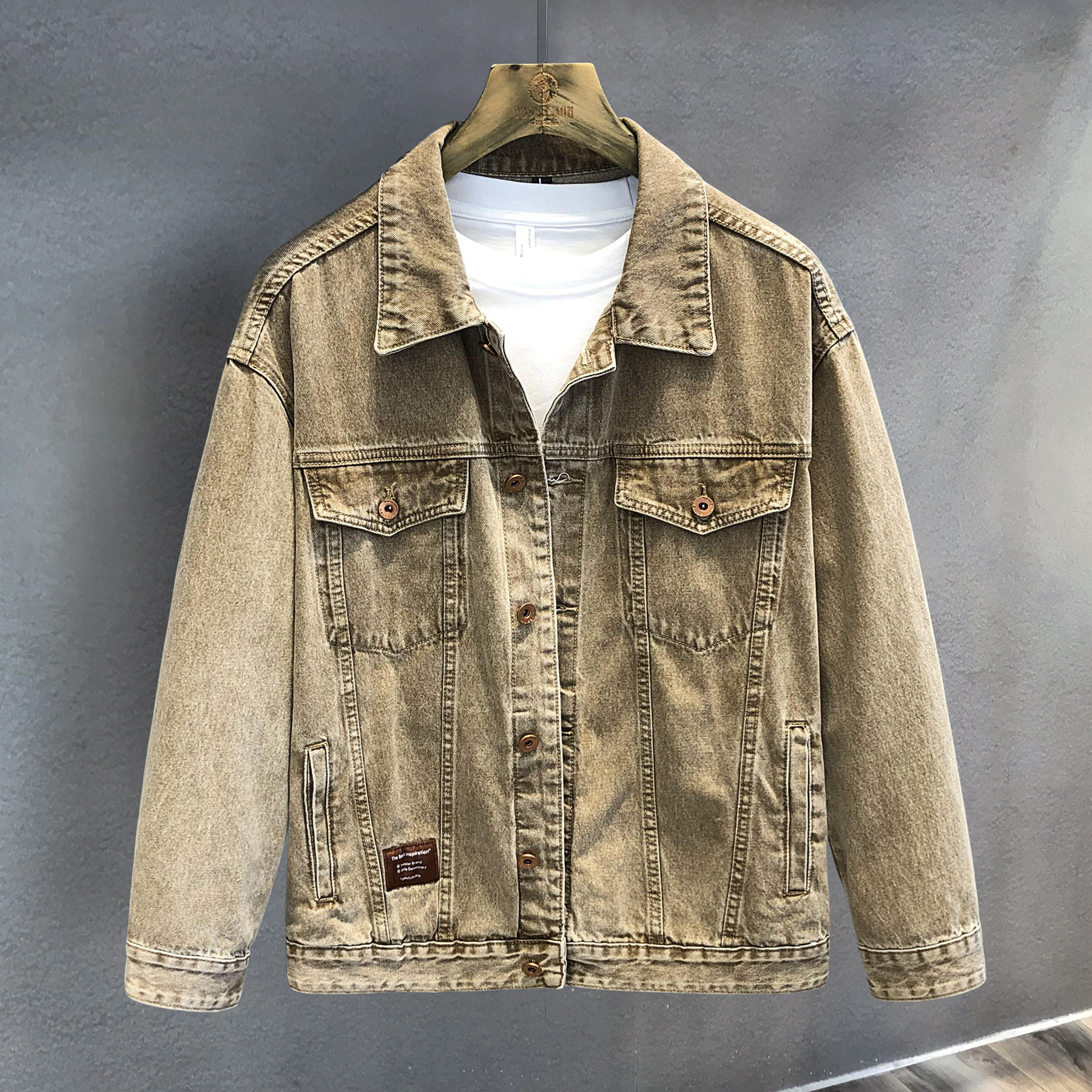 麦秆色复古水洗牛仔外套男士春夏季新款美式高街潮流夹克男装衣服