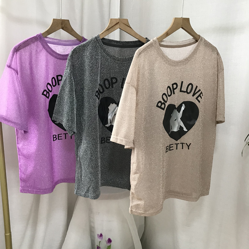 包邮【yao】夏季女装银丝透圆领印花短袖上衣t恤   37-2-3022