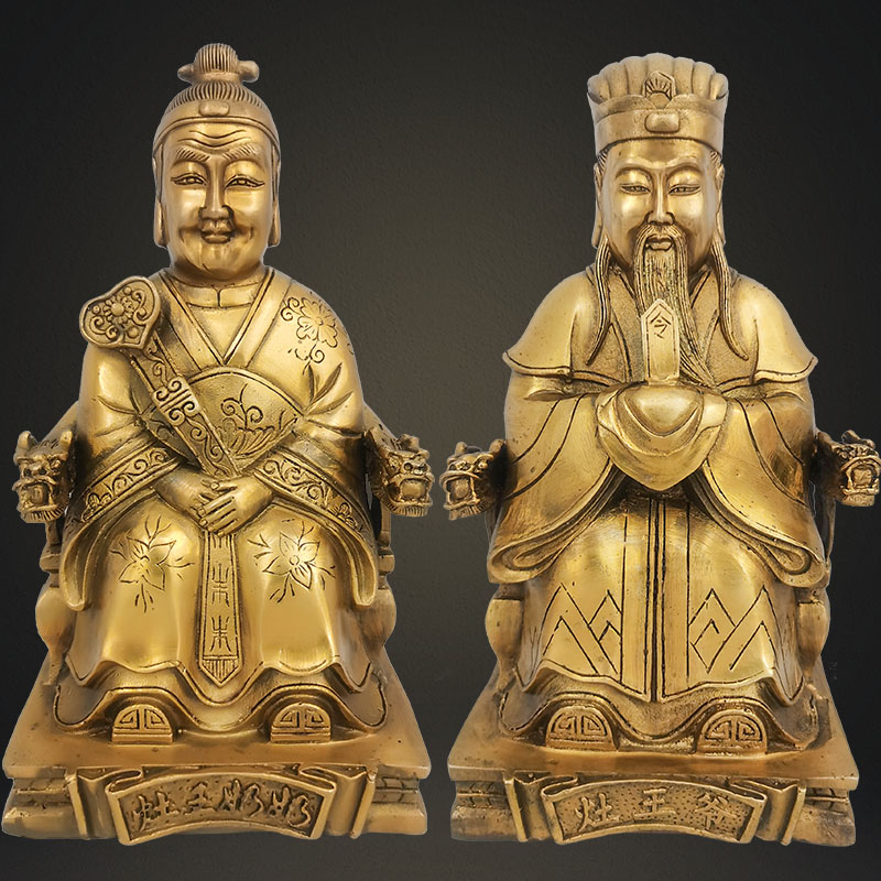 纯铜灶王爷铜像灶王奶精品铜彩绘灶君一对家居厨房摆件工艺品包邮