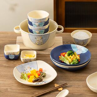 2025新款碗碟套装可爱餐具饭碗家用菜盘日式卡通陶瓷盘子创意汤碗