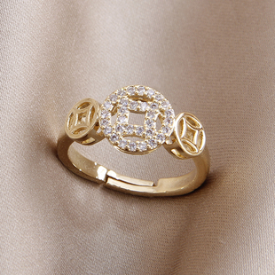 菲颜施微镶锆石铜钱开口戒指个性小众设计轻奢指环