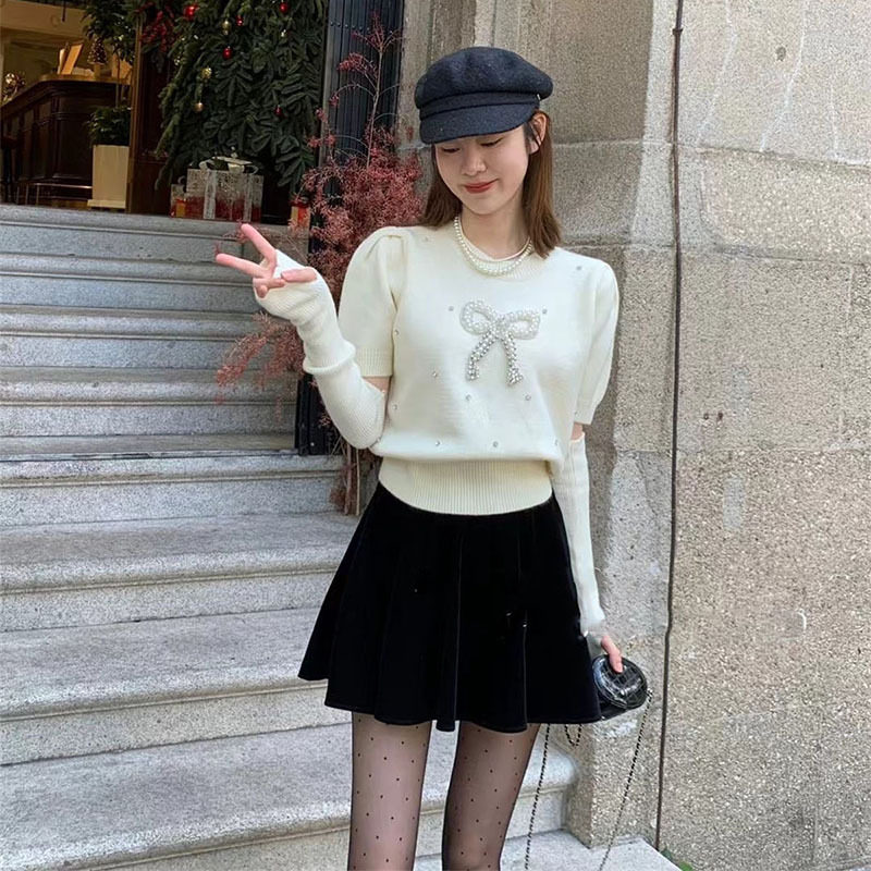 小香风钉珠蝴蝶结泡泡袖毛衣女秋冬季穿搭辣妹袖套修身短款针织衫