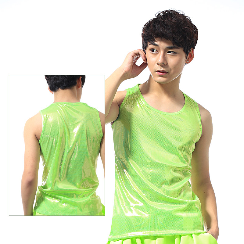 EUROPEAN AND AMERICAN PERSONALITY ALL-MATCH TRENDY MENS CLOTHING DS MALE FLUORESCENT GREEN SUMMER REFLECTIVE VEST BOTTOMING SHIRT STAGE PERFORMANCE CLOTHING MALE