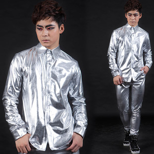 长袖 男士 白衬衫 衬衣职业衣服舞台 修身 纯色休闲银色长袖 韩版 春季