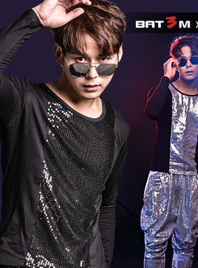 3M丹尼 2021年秋季圆领修身亮片长袖T恤休闲流行上衣男黑色演出服