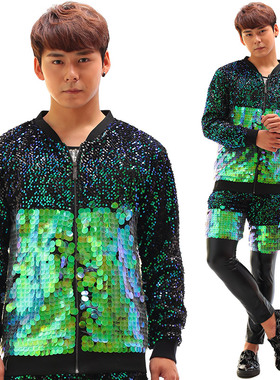 蓝色亮片闪亮演出服套装 男