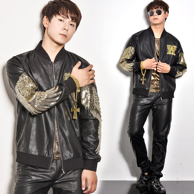 演出服男歌手个性潮流摇滚服装男夜场演出服男架子鼓亮片翅膀夹克
