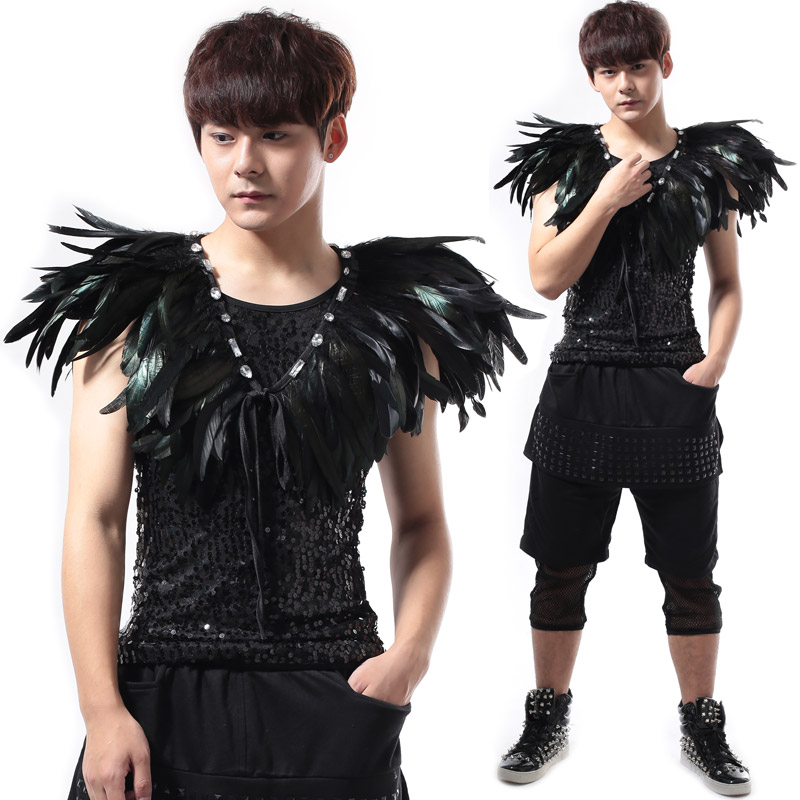 夜店男歌手酒吧DJ摇滚朋克DS韩版服装羽毛马甲装饰DS表演演出服男