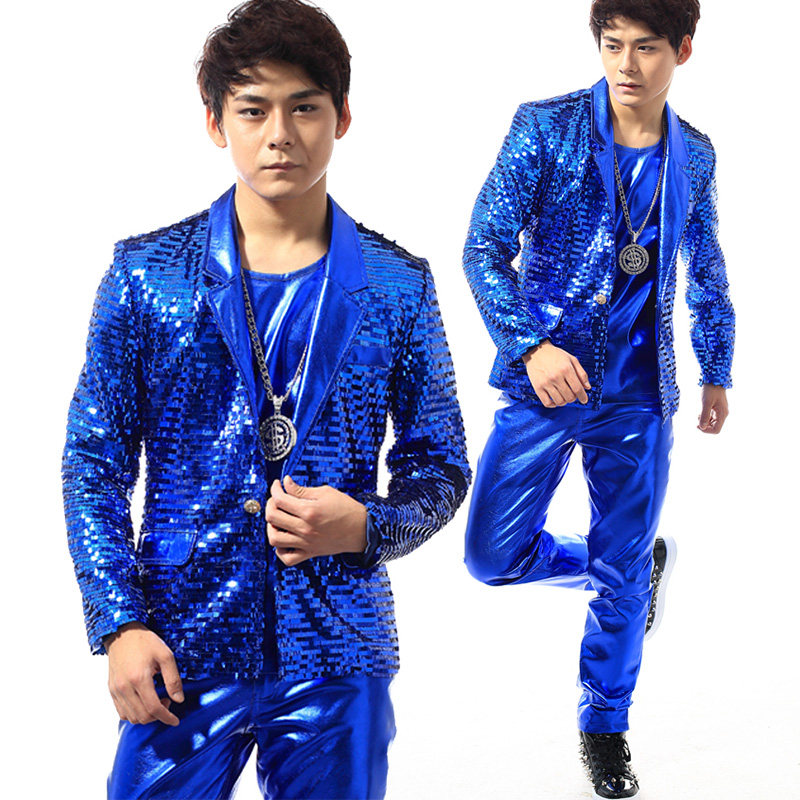 夜店服装演出服男歌手亮片演出服装西服套装男DS舞台蓝色 套装