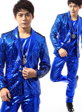 夜店服装演出服男歌手亮片演出服装西服套装男DS舞台蓝色 套装
