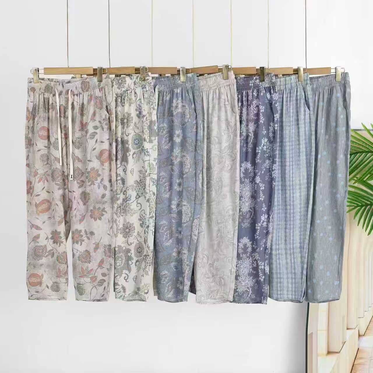 2026新款印花休闲裤夏季中老年女裤宽松棉麻百搭女装碎花九分裤子图片