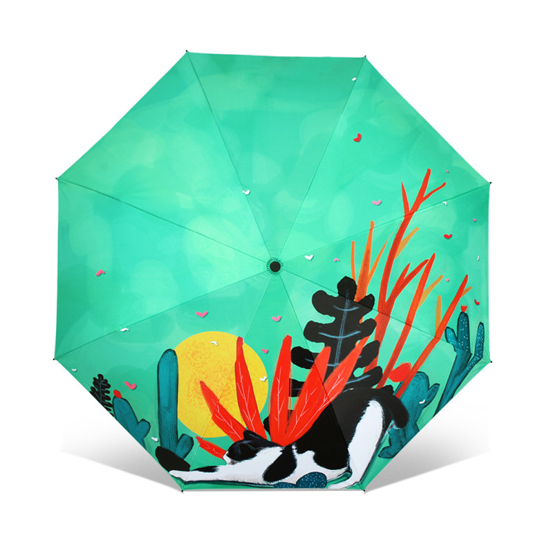 创意手绘太阳伞黑胶四折防晒晴雨伞折叠猫咪可爱学生卡通遮阳伞
