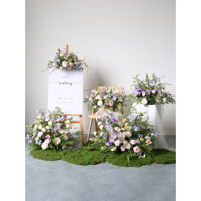 粉紫色仿真花艺装饰套装婚礼交车花拍照直播背景花卉迎宾花桌花摆