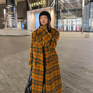 冬季新款港味撞色格子加厚毛呢外套女宽松复古长款过膝大衣