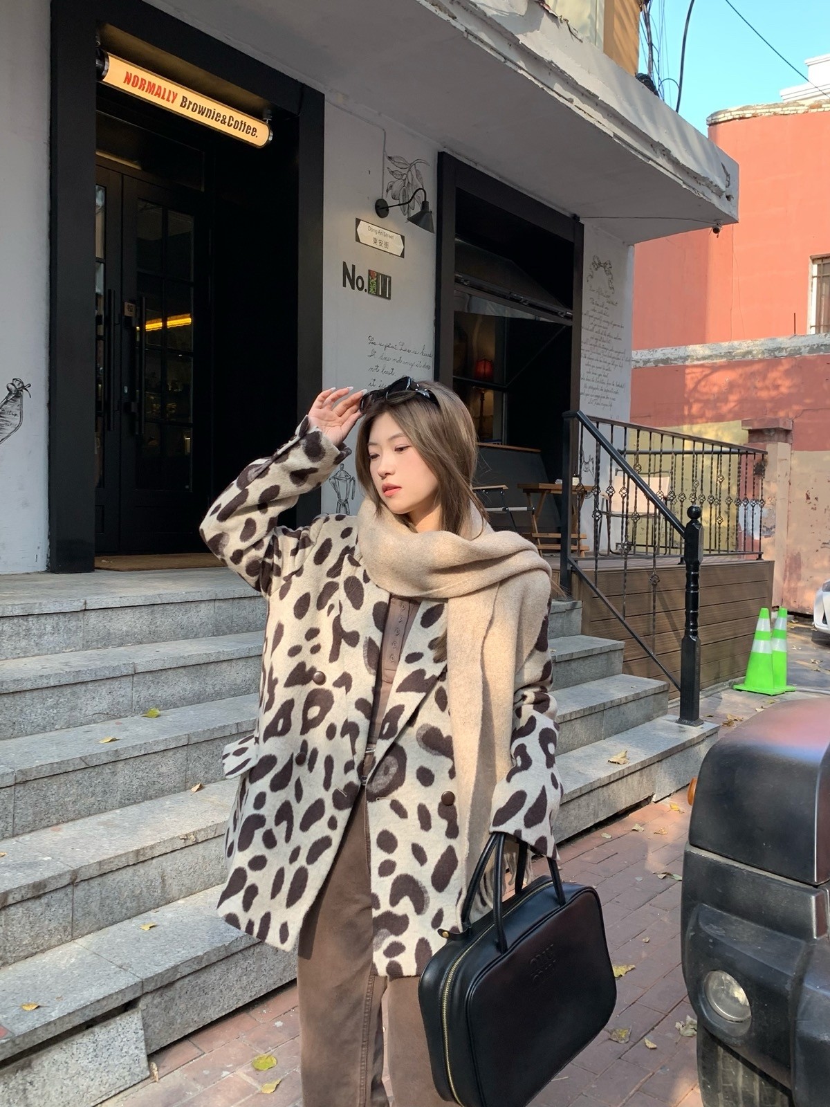 咖色豹纹休闲毛呢西装外套女