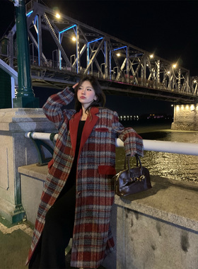 澳洲嗲女复古30羊毛中长款夹棉毛呢外套女高级感格纹呢子大衣百搭