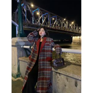 澳洲嗲女复古30羊毛中长款夹棉毛呢外套女高级感格纹呢子大衣百搭