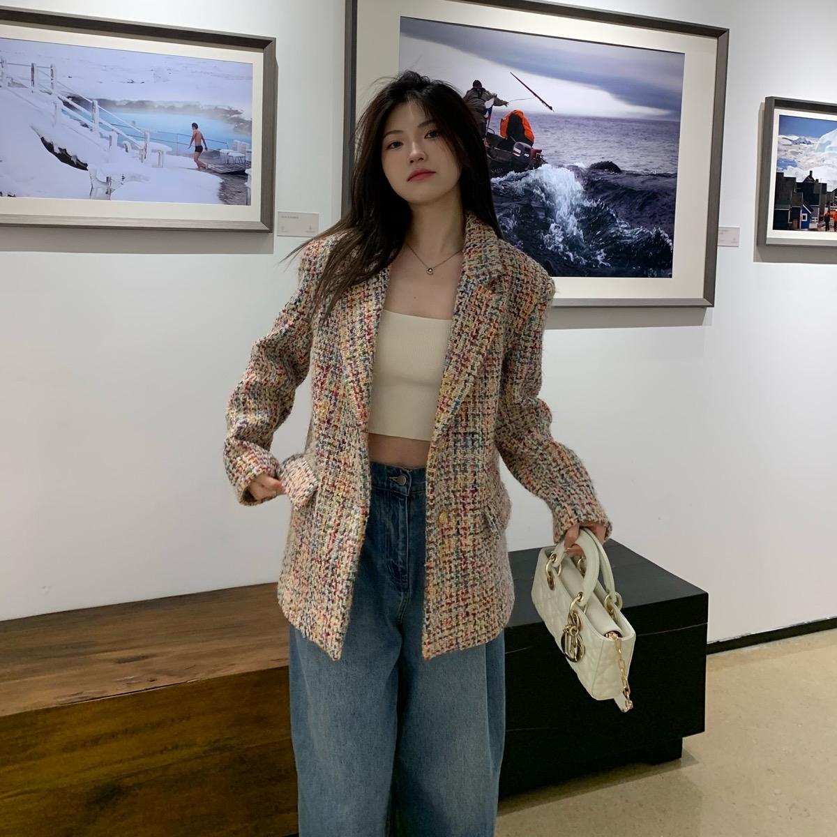 春季韩版名媛气质彩色粗花呢小香羊毛西装外套女百搭休闲西服上衣