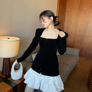 春季新款韩版黑色绒面方领束腰西装女网红帅气设计感时髦上衣小众