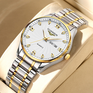 石英表双日历防水夜光商务男士 男士 复古精钢 手表男薄款 冠琴正品