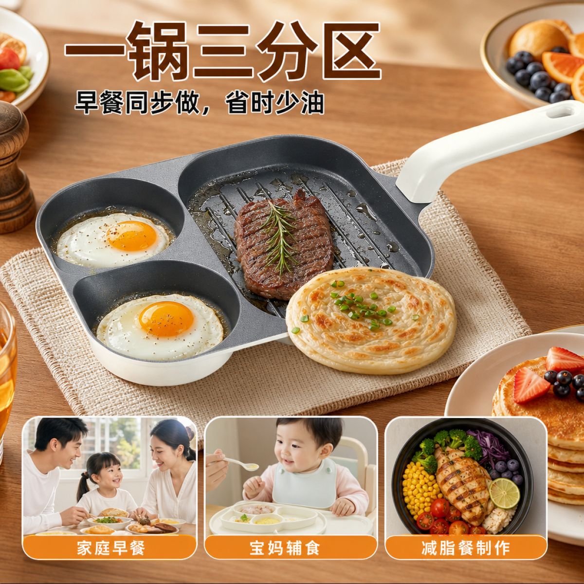 早餐煎饼锅不粘锅钛陶瓷煎锅三合一汉堡煎锅蛋饺锅电磁炉燃气通用