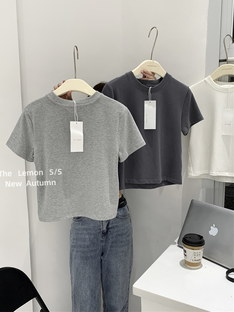 thumbnail for Aliti American solid color gray basic short-sleeved T-shirt base shirt women's summer tide ins loose and simple inner top