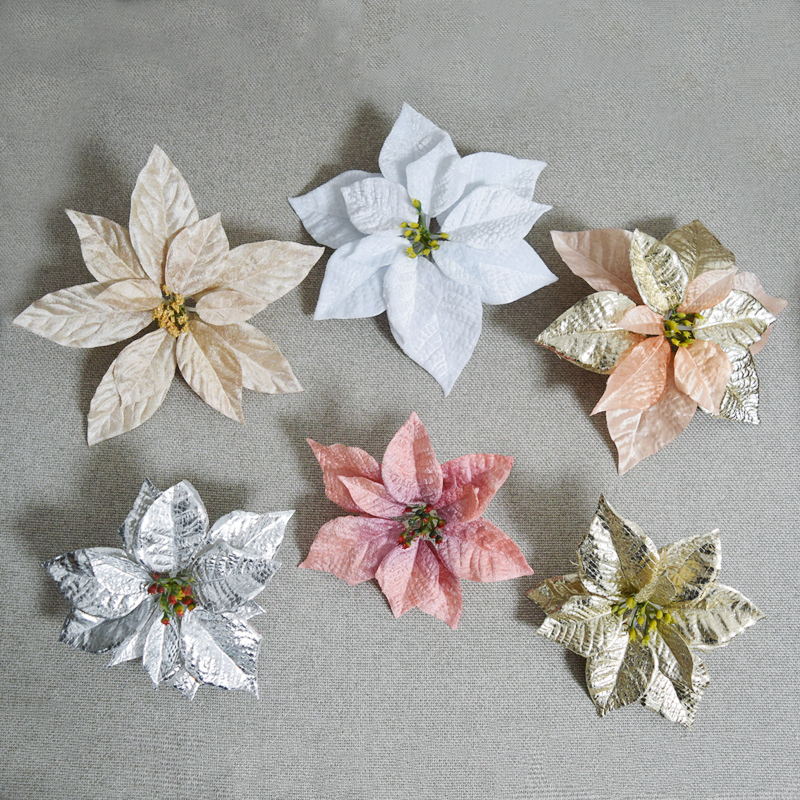 红色圣诞花闪粉藤条装饰 金色布花塑料双层 白色绒布假花手工材料