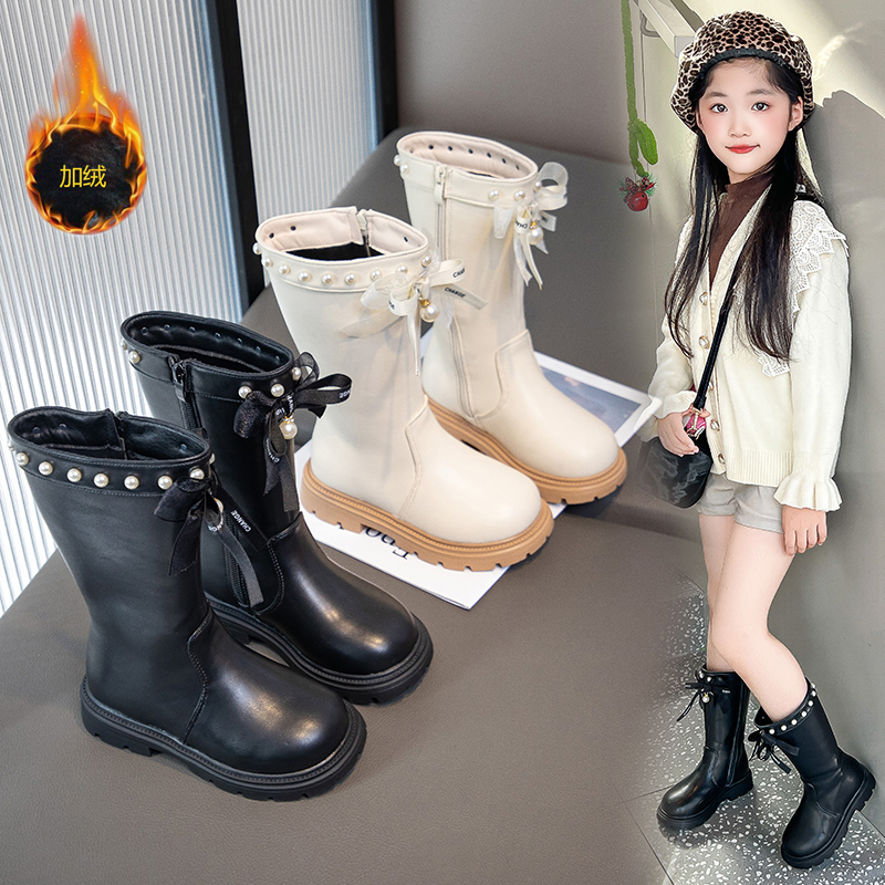 女童保暖长筒靴2025冬季新款韩版儿童公主风皮靴女孩加绒黑色高靴