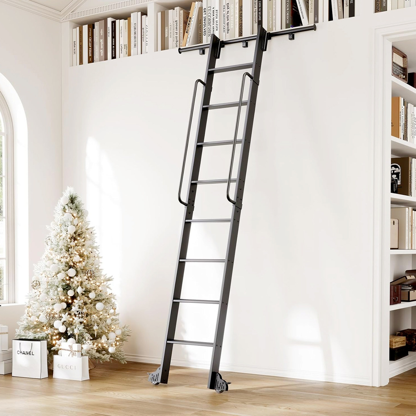 铝合金书架梯子实木滑道梯移动轨道梯书柜图书馆家用爬梯阁楼梯子