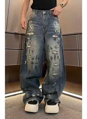 琛哥男装-裤子91017男士高品质多破洞涂鸦毛边宽松弯刀牛仔裤