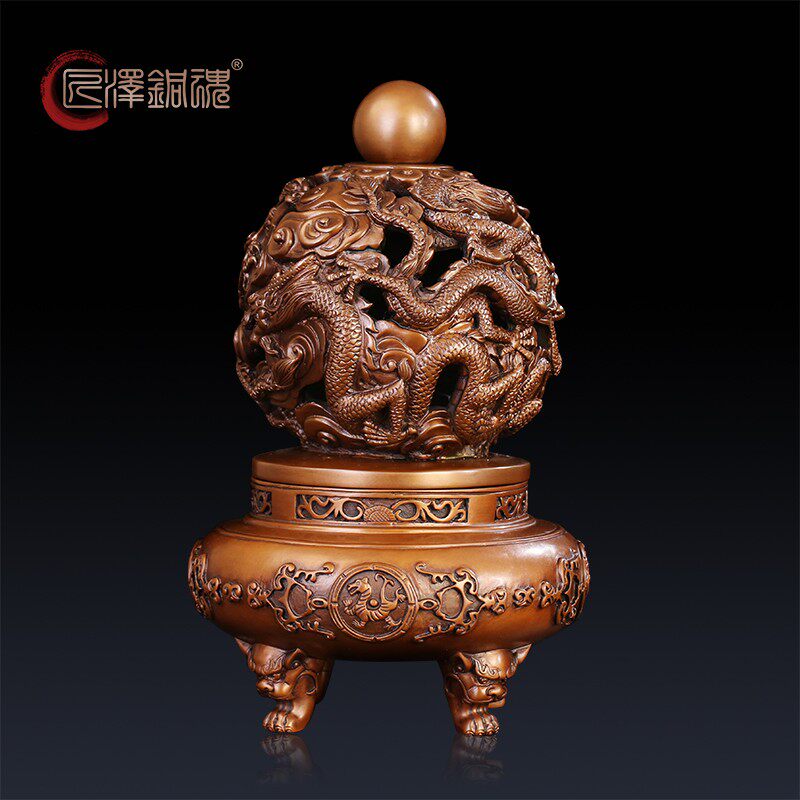 匠泽铜魂 紫铜九龙戏珠四足圆炉摆件 办公室装饰品开业礼品摆件