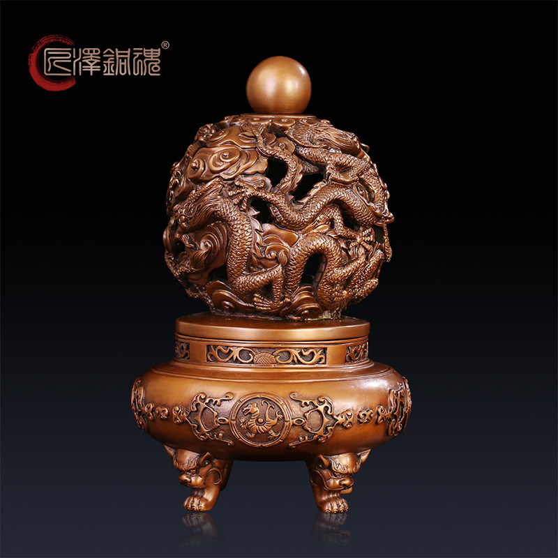 匠泽铜魂 紫铜九龙戏珠四足圆炉摆件 办公室装饰品开业礼品摆件
