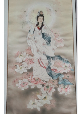 纯手绘工笔画莲花观音菩萨佛像绘画绢画古典国画新中式画心未装裱