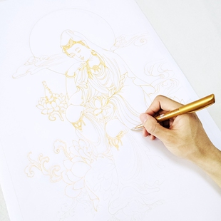 静心精美大幅 描金线稿白描底稿观音菩萨描线佛像线描纸质打印稿